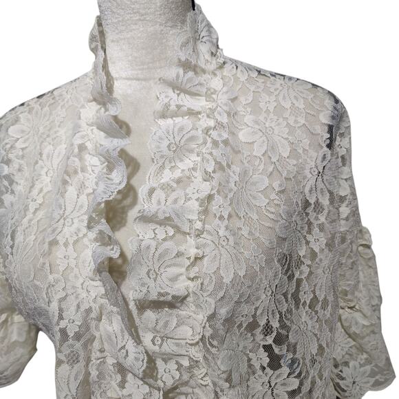 Vintage Women's Sz M Lady Cameo Ivory Lace Bed Jacket Short Robe Ruffle Trim - Picture 2 of 7